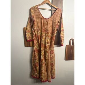 Dori Multicolor Floral Scoop Neck 3/4 Sleeve 100% Cotton Fit & Flare Dress Small